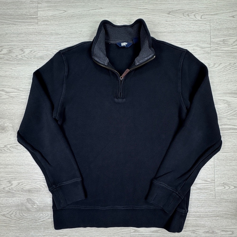 Lands End Mens Sweater Quarter Zip‎ Pullover Navy Blue Size S Cotton Ribbed Trim